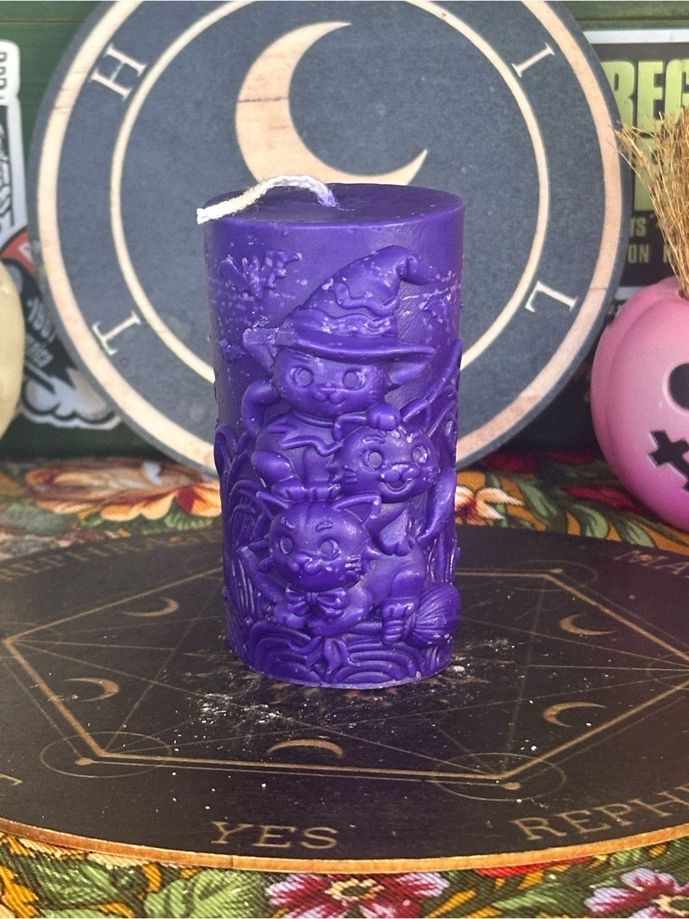 Purple Witch Cats Pillar Candle